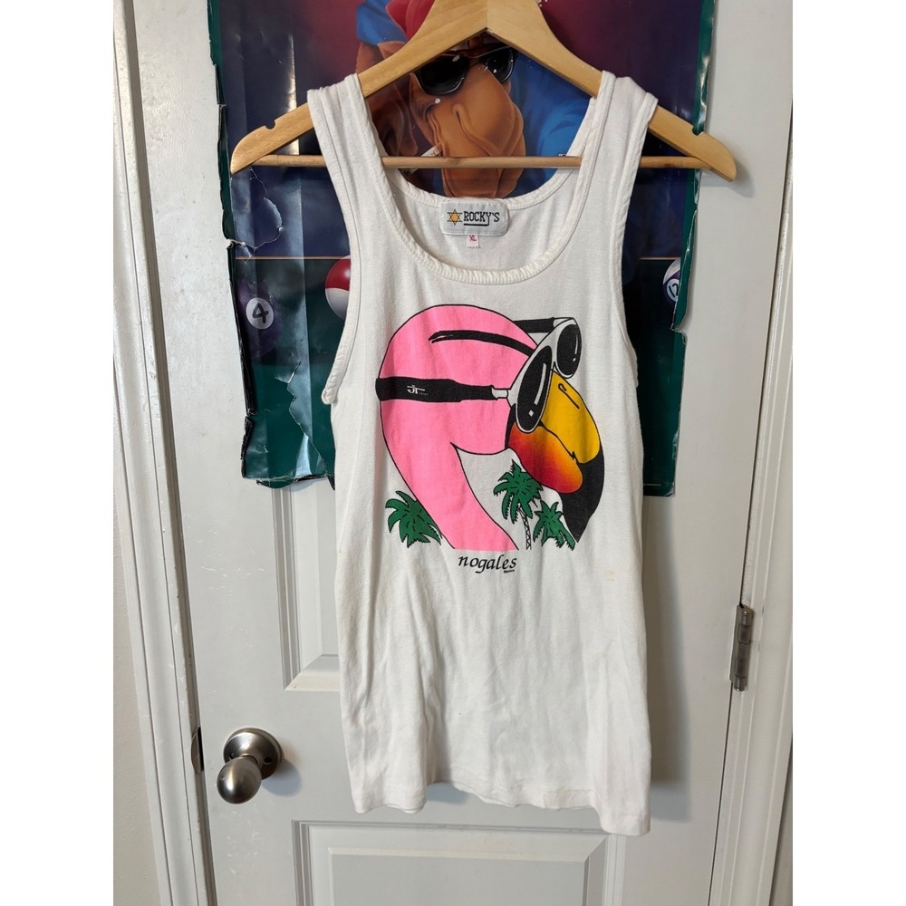 Vintage Rockys Nogales Mexico Flamingo Tank Top White Graphic XL Retro Summer